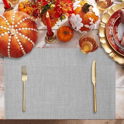 Gray Linen Bottom Placemats Set of 6 Washable Table Mats for