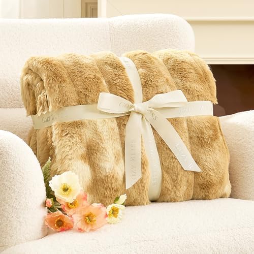 Cozy Bliss Deluxe Striped Rabbit Faux Fur Throw Blanket, 60"x80"