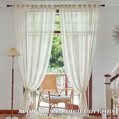 Natural Linen Blend Back Tab Sheer Curtains 90 Inches Long for Living