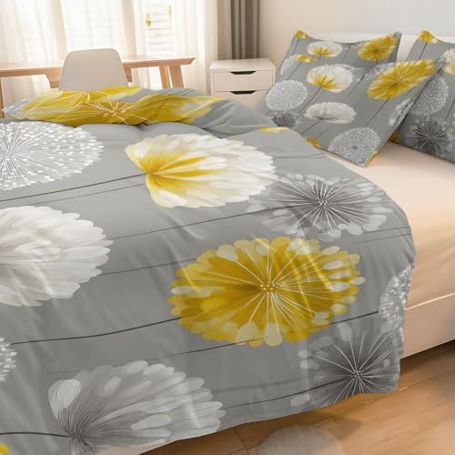 Grey Duvet Cover Set King 3PCS Bedding Set Plant Dandelion Minimalism