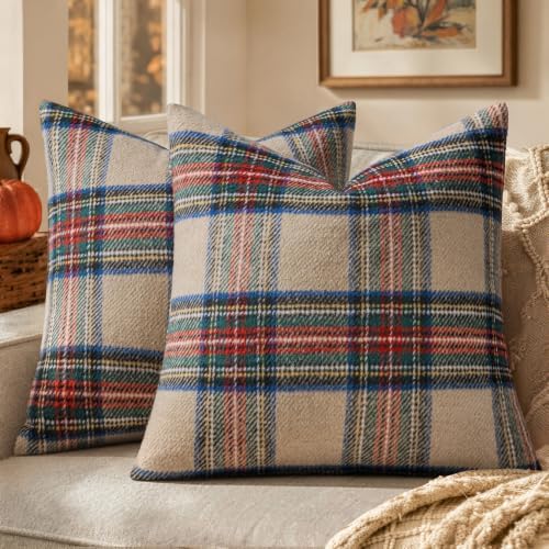 MIULEE Fall Plaid Decorative Pillow Covers Set of 2 18x18 Khaki