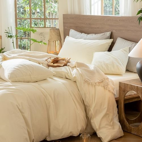 MooMee Jacquard Duvet Cover Set 100% Washed Cotton Linen Like King