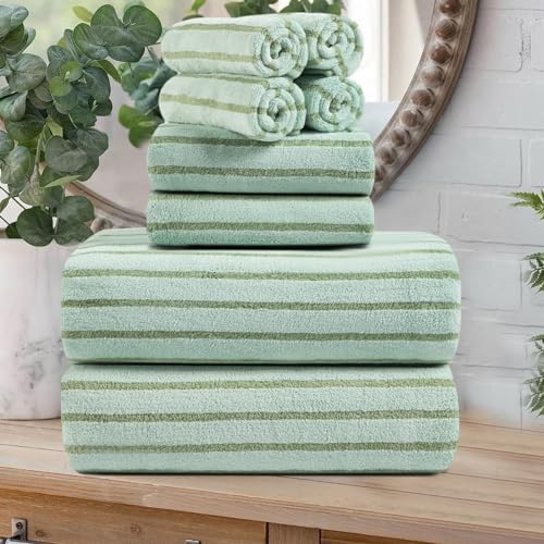 8 Pcs Green Cabana Stripe Large Bath Towel Set Oversized Bath Sheet-2