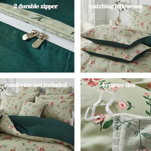 FADFAY Queen Size 100% Cotton Shabby Sage Green Floral Duvet Cover Set
