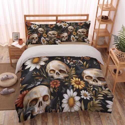Charcoal Gray Halloween Flower Skull Duvet Cover Set For Women Girls