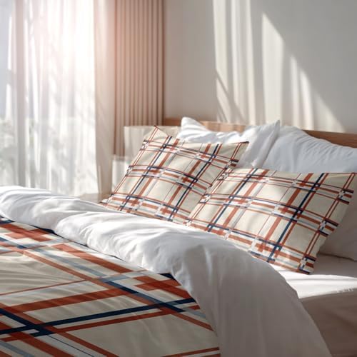 Batmerry Plaid Twin Size 100% Cotton Duvet Cover Sets, Red Blue Cream