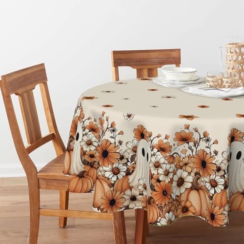 Horaldaily Halloween Tablecloth 90 x 90 Inch Round Ghost Orange