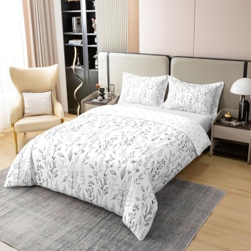 Feelyou White Grey Flower Duvet Cover 100% Cotton Queen Size Boys