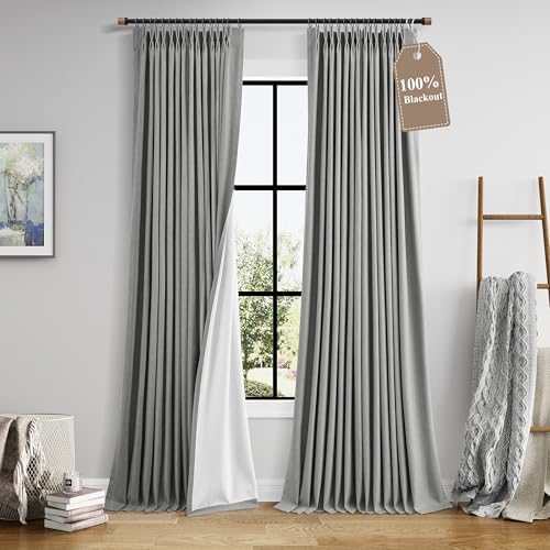 BOODII Extra Long 100% Blackout Linen Pleated Curtains 120 Inches Dark