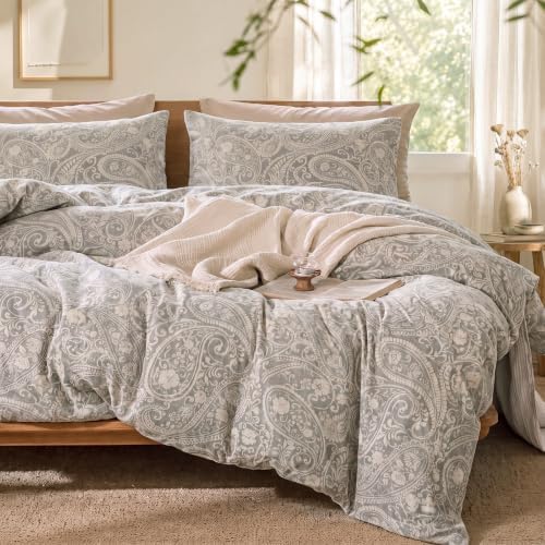 Linen Cotton Duvet Cover Set King Size, Grey Paisley Bedding Set