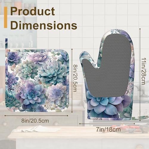 Succulent Botanical Floral Oven Mitts and Pot Holders Sets of 4, Heat