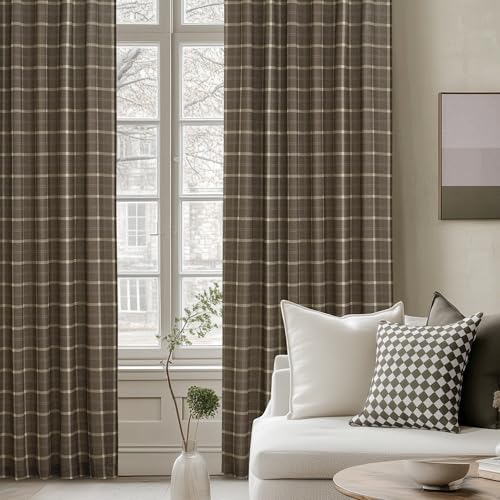 NICETOWN Taupe Plaid Print Linen Gingham Curtains 96 inches Long