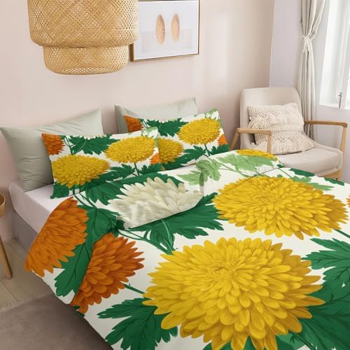 King Duvet Cover Set Retro Chrysanthemum and Sage Pattern Bedding Set