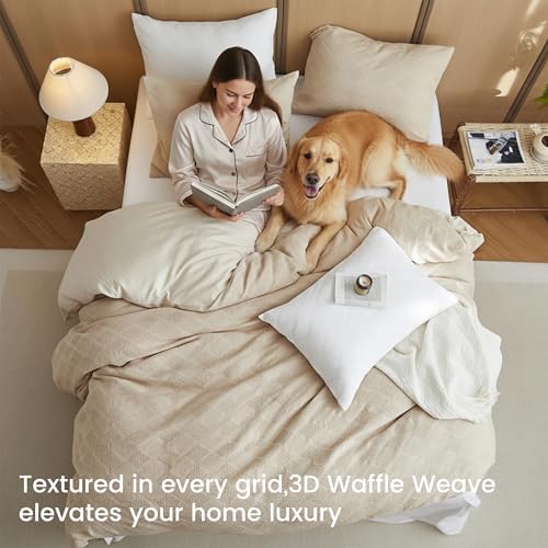 BISELINA 100% Cotton Waffle Weave Duvet Cover Set Queen Size 3 Pieces