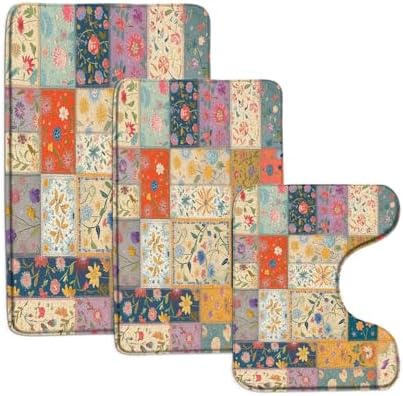 4 Pieces Bath Rugs Boho Floral Patchwork Vintage Country Multicolor