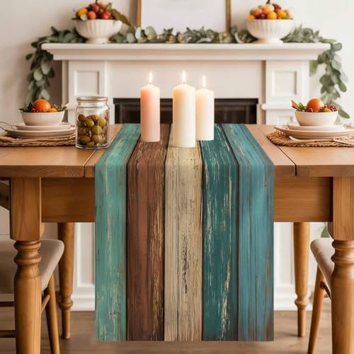 Cotton Linen Table Runner Dresser Scarves Retro Rustic Barn Wood&Teal