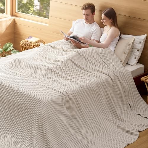 Bedsure Lightweight 100% Cotton Waffle Blanket, Oversized King, Linen