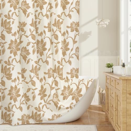 Farmhouse Floral Shower Curtain, Brown Linen Textured Bath Curtain