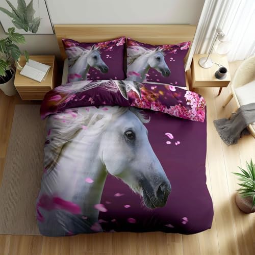 California King Duvet Cover Set Animal Horse Cherry Blossoms Flying