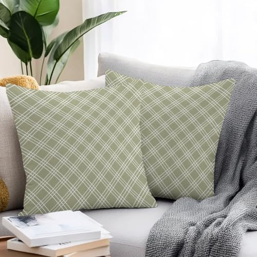 Sage Green Tartan Outdoor Pillow Covers Waterproof, All Weather