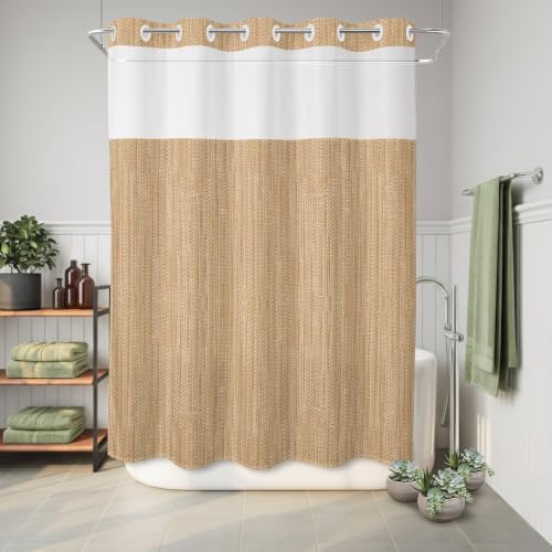 T&H XHome Beige Linen Texture No Hook Shower Curtain, Rustic Solid