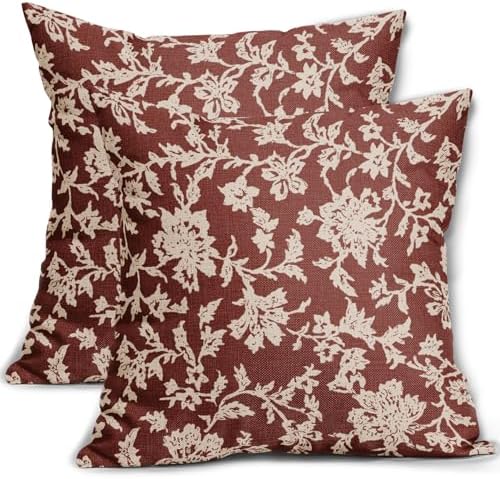 Rustic Red Floral Pillow Covers 18x18 Set of 2 Brown Cream Vintage