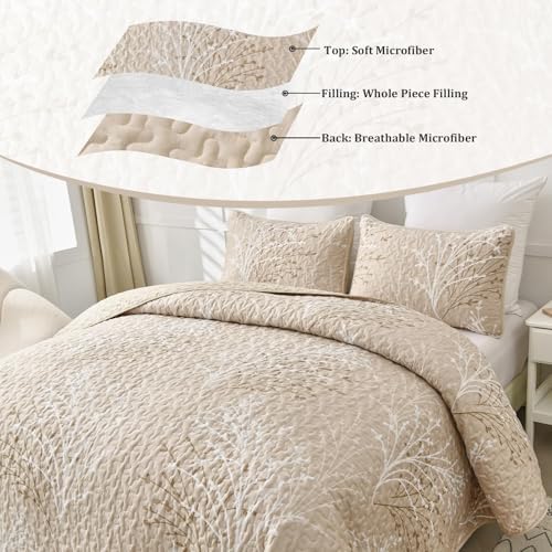 DJY Beige Quilt Set King Size - Branch Botanical Bedspread Coverlet