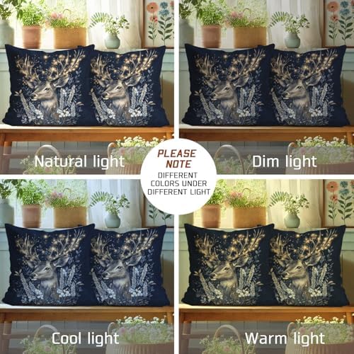 Starry Night Deer Pillow Covers Set of 2, Navy Blue Floral Decorative