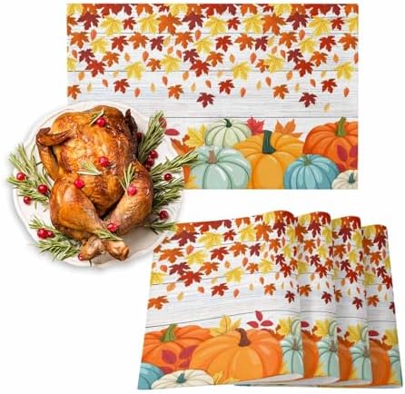 Placemats Set of 8, Thanksgiving Pumpkin Fall Harvest Washable Table