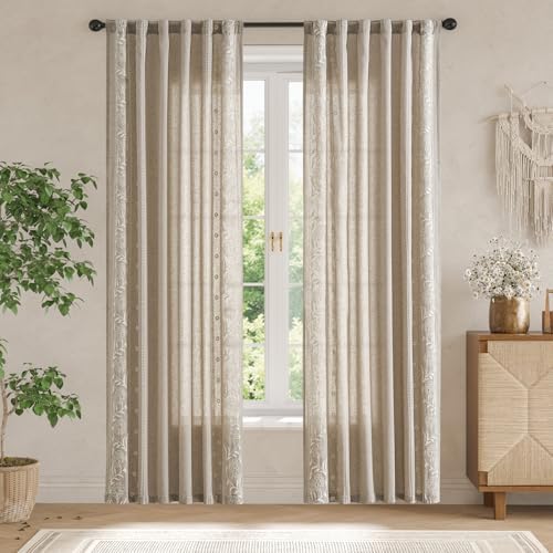 jinchan Taupe Floral Linen Curtains for Living Room 84" Back Tab 2