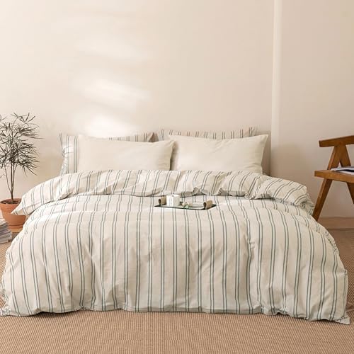 DONEUS Green Striped Duvet Cover Set 100% Washed Cotton Linen Like