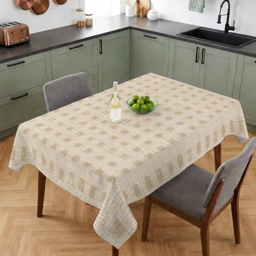 Beige Block on Linen Waterproof Tablecloth Rectangle Washable Table