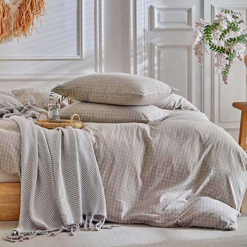 DuShow Grid Queen Duvet Cover Set - Taupe Plaid Checkered Washed