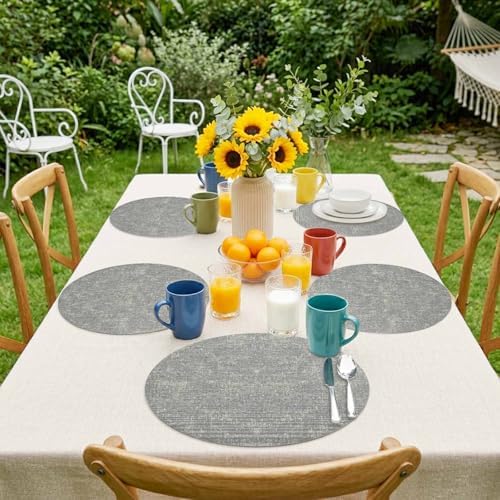 Minimalist Gray Faux Leather Placemats Set of 6, 15in, Waterproof Heat