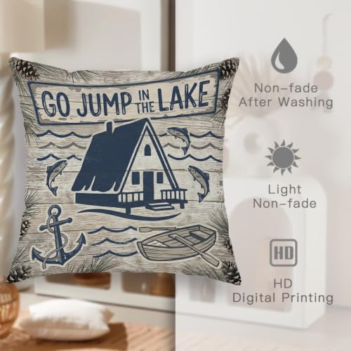 House Throw Pillow Covers Set of 2, Rustic Nautical Anchors Fish