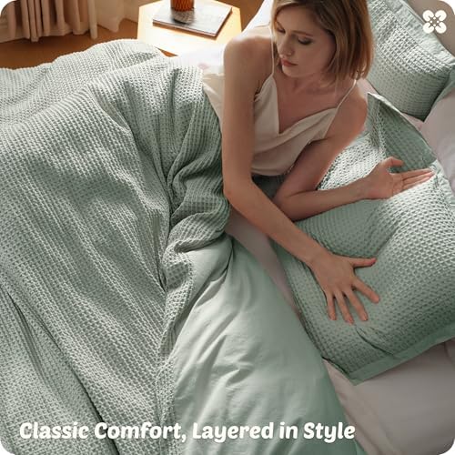 Bedsure Cotton Duvet Cover Queen - 100% Cotton Waffle Weave Sage Green