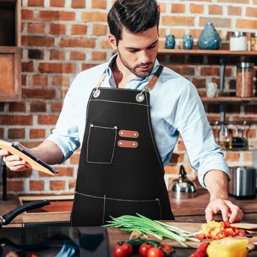 Cooking Apron Black 12 Oz Cotton Chef Apron with Adjustable Straps for
