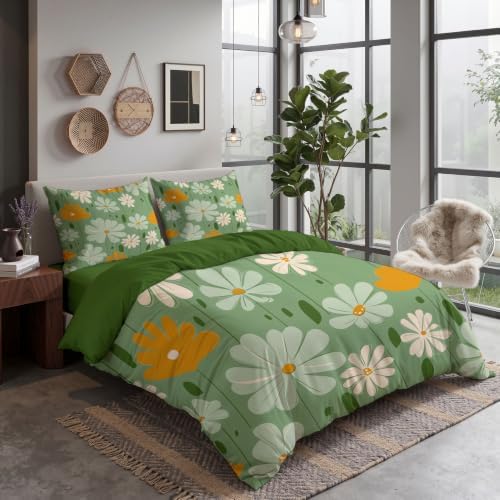 Sage Green Cute Country Floral Print Duvet Cover Set for Women Girls