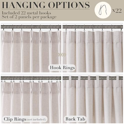 Joywell Extra Long Linen Pinch Pleated Curtains 120 Inches Light Beige