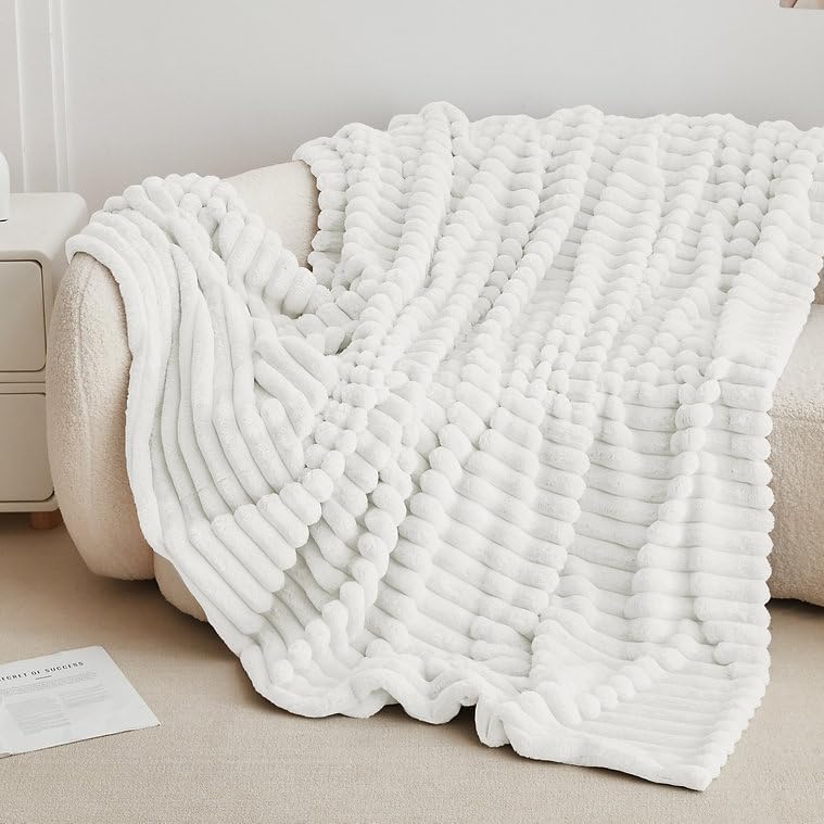 Faux Rabbit Fur Throw Blanket - Reversible Fluffy Plush Blanket for