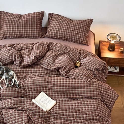 Burgundy Checkered Washed Cotton Duvet Cover Queen
