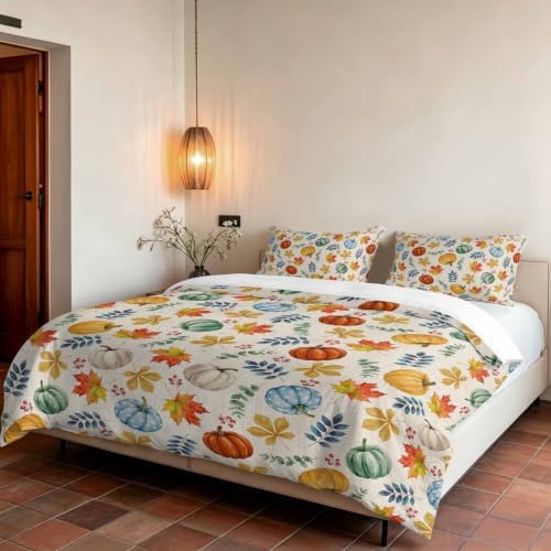 Thanksgiving Fall Duvet Cover Set 3 Pieces with Zipper Closure, Blue