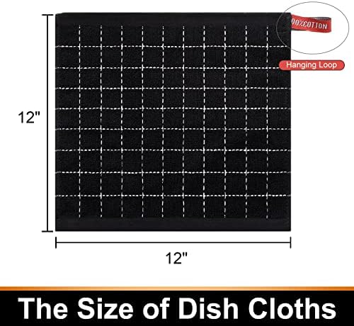 Mordimy Cotton Terry Checkered Dish Cloths, 12"x 12", 12 Pack, Black