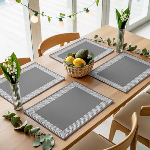 Grey Geometric Placemats Set of 8, Cotton Linen Fabric Place Mats
