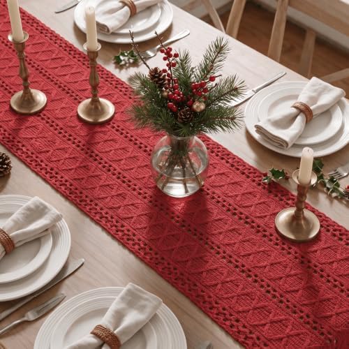 Artoid Mode Rose Red Woven Farmhouse Hollow Table Runner 12x120 Inch