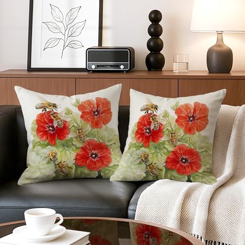 Bees and Red Flowers Throw Pillow Covers Set of 2, Botanical Garden