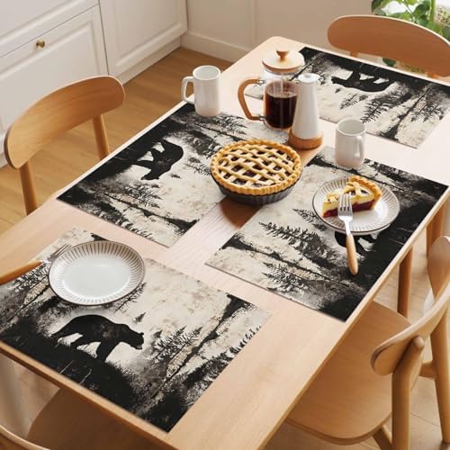 Placemats Set of 8, Black Beige Rustic Bear Woven Placemat, Linen
