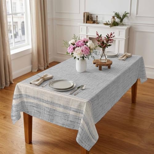 Woven Fabric Table Cloth, Rustic Vintage White Stripe Light Gray Linen