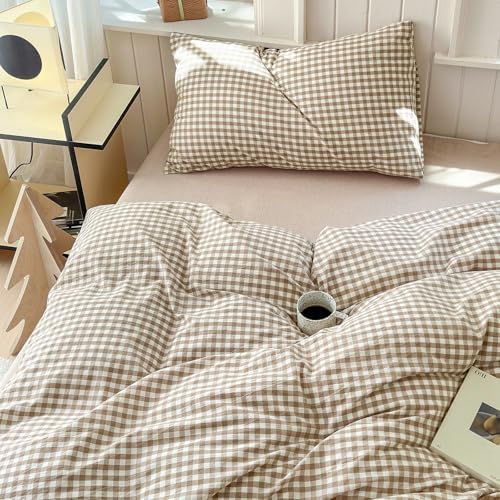 LifeTB Tan Gingham Duvet Cover Grid Bedding Set Queen, Vintage Taupe