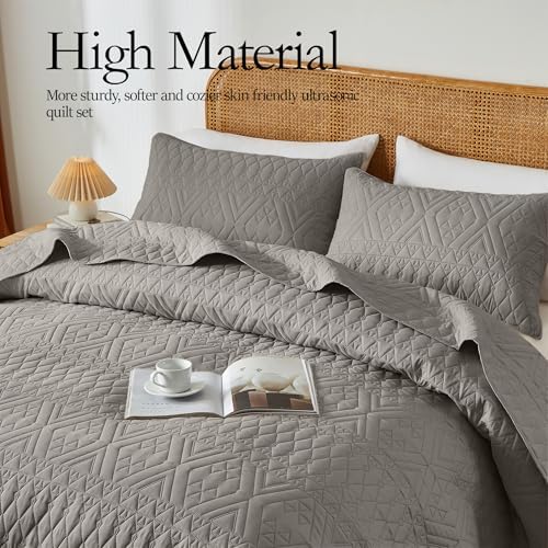 akkialla King/Cal King Size Quilt Bedding Set,Dark Grey Lightweight
